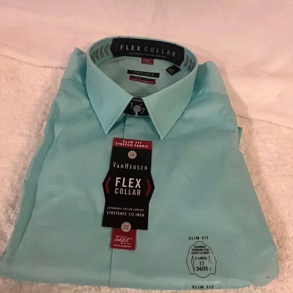 Van Huseun Teal Flex Collar Dress Shirt Size XL- 17 35/35 - Picture 2 of 8